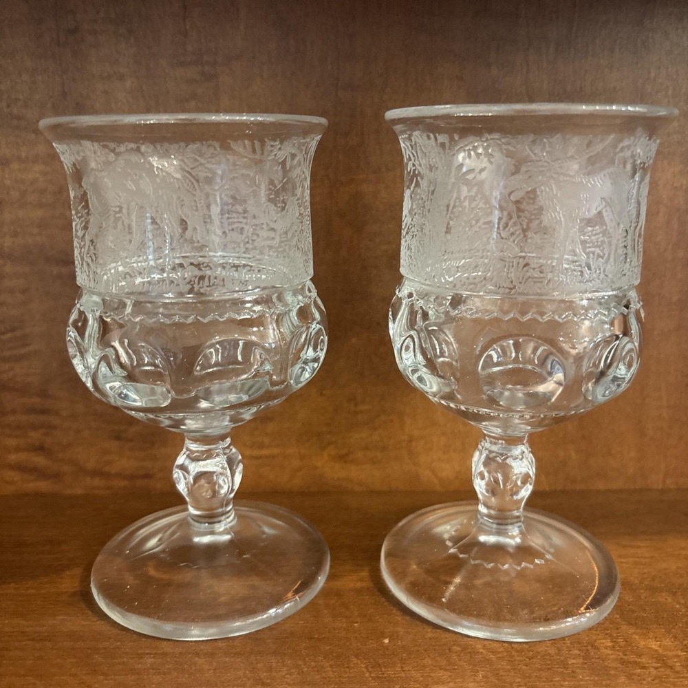 VTG‎ Black Forest Etched Water 2 Goblets L.G. Wright Fenton Moose Deer Dogs Rare